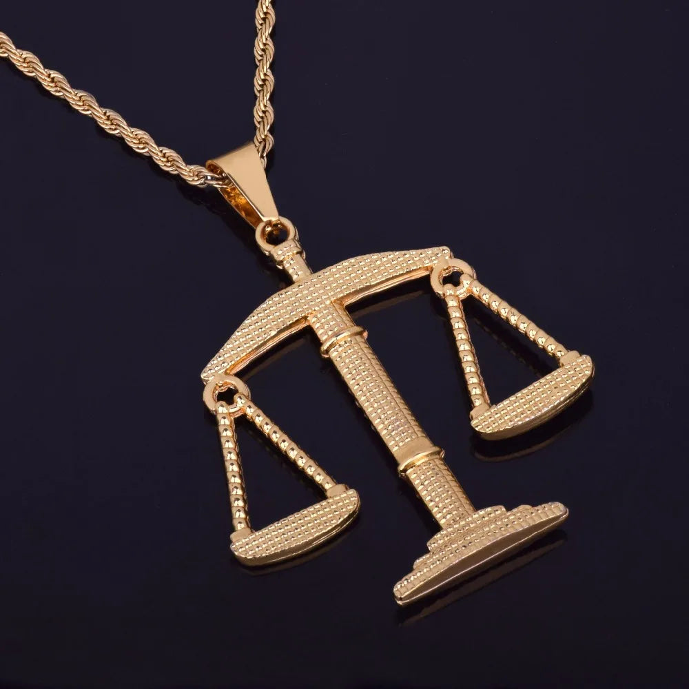 Balance Libra Scale Pendant Bling Rhinestone Crystal Men Hip Hop Necklace Punk Jewelry Street Rock