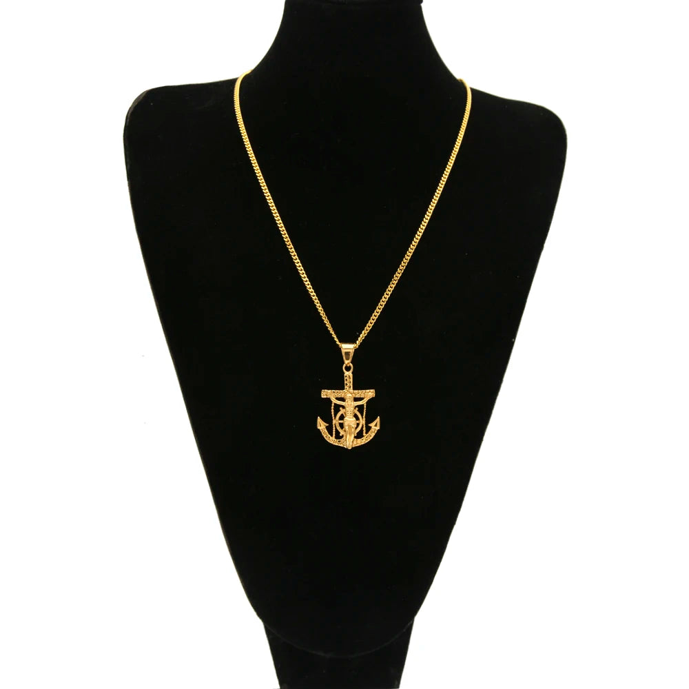 TBTK Punk Crucifix Jesus Cross Navy Rudder Anchor Pendant Necklace Classic Chain Men Stainless Steel Jewelry Wholesale