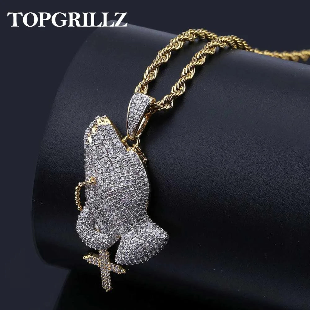 Iced Out Praying Hands Cross Pendant — Gold