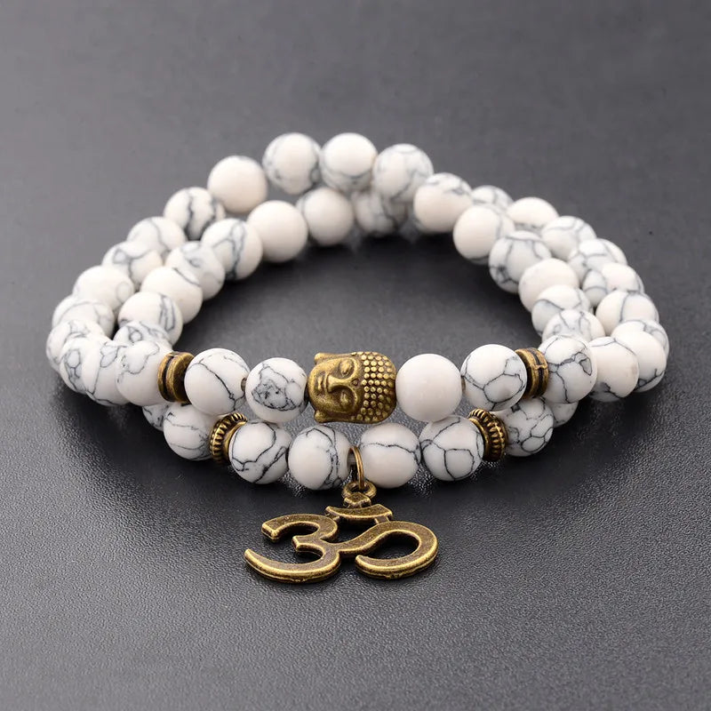 Buddha Head Beaded Bracelet — Black Stone Beads, Bronze-Tone
