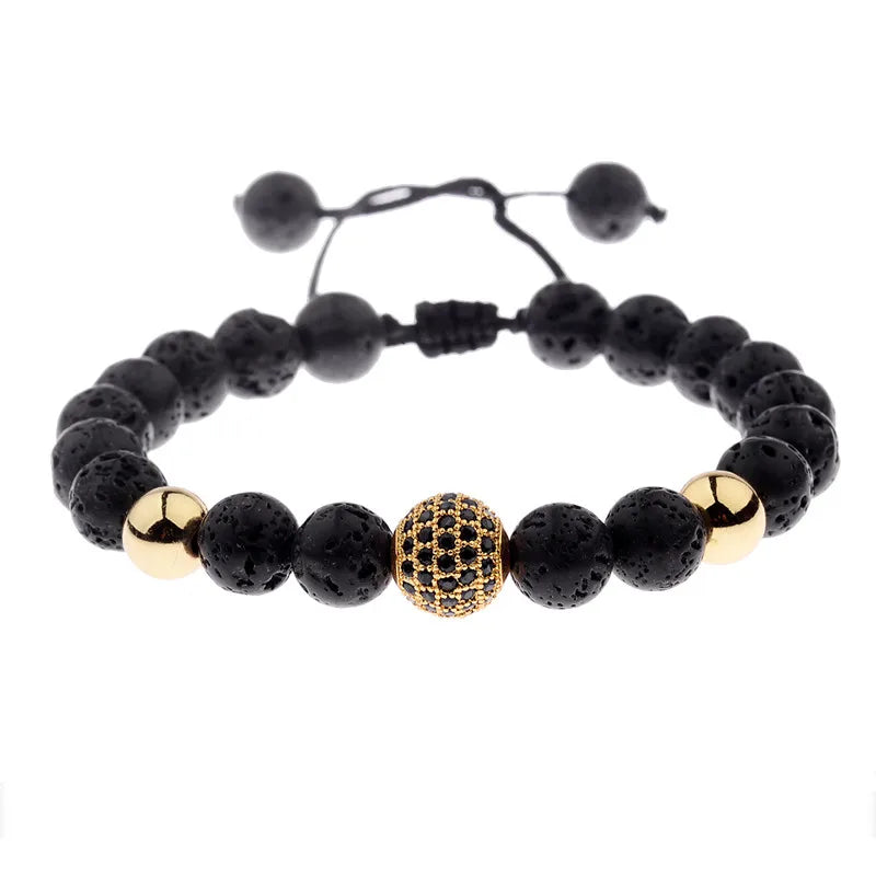 Black CZ Pave Ball Beaded Bracelet for Men — Adjustable Weave