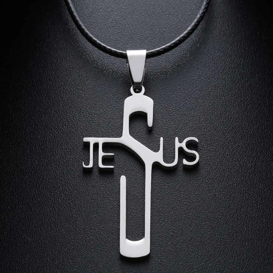 Jesus Cross Pendant Necklace — Rope Chain, Silver-Tone, 45cm