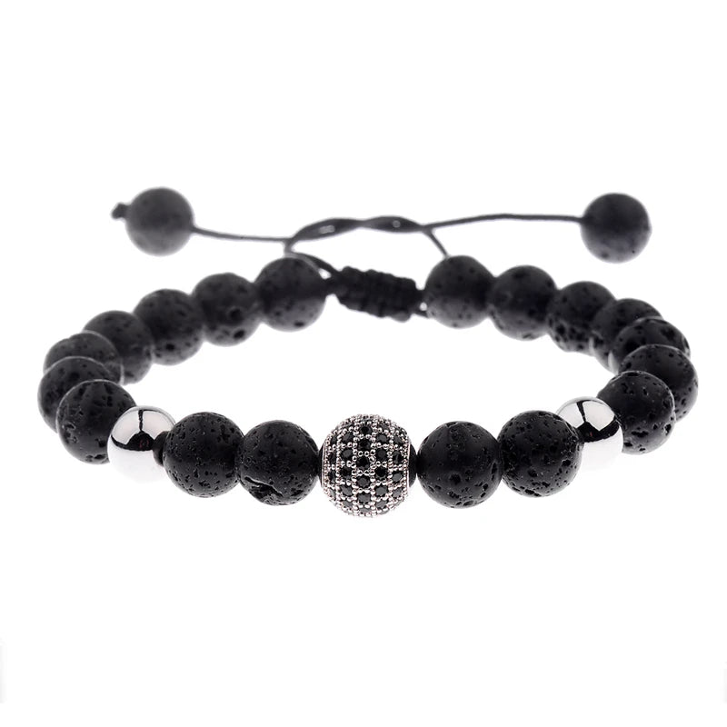Black CZ Pave Ball Beaded Bracelet for Men — Adjustable Weave