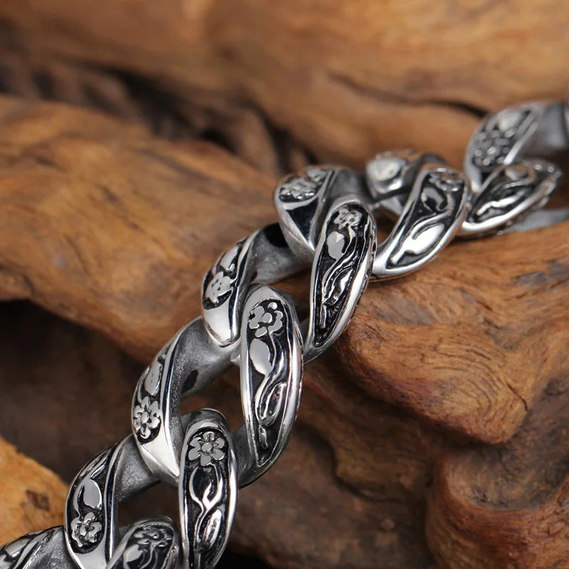 Retro 10 Inches Rose Line Man Bracelet Men Black Onyx Inset Stainless Steel Men's Bracelets Curb Chain Mannen Armband