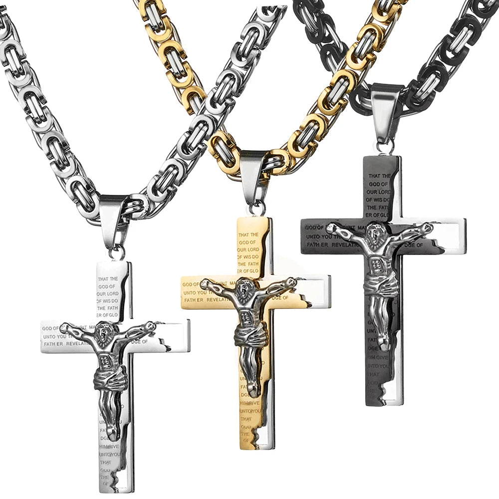 6mm Flat Byzantine Chain Necklace For Men's Neck Jewelry Stainless Steel Silver Gold Black Color Jesus Cross Pendant