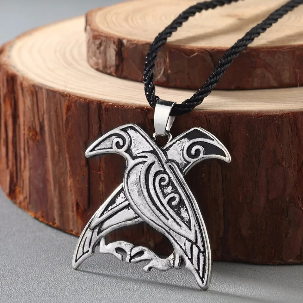Kinitial Norse Viking Mythology Jewelry Odin's Ravens Pendant Necklace Double Bird Talisman Necklaces Men fashion