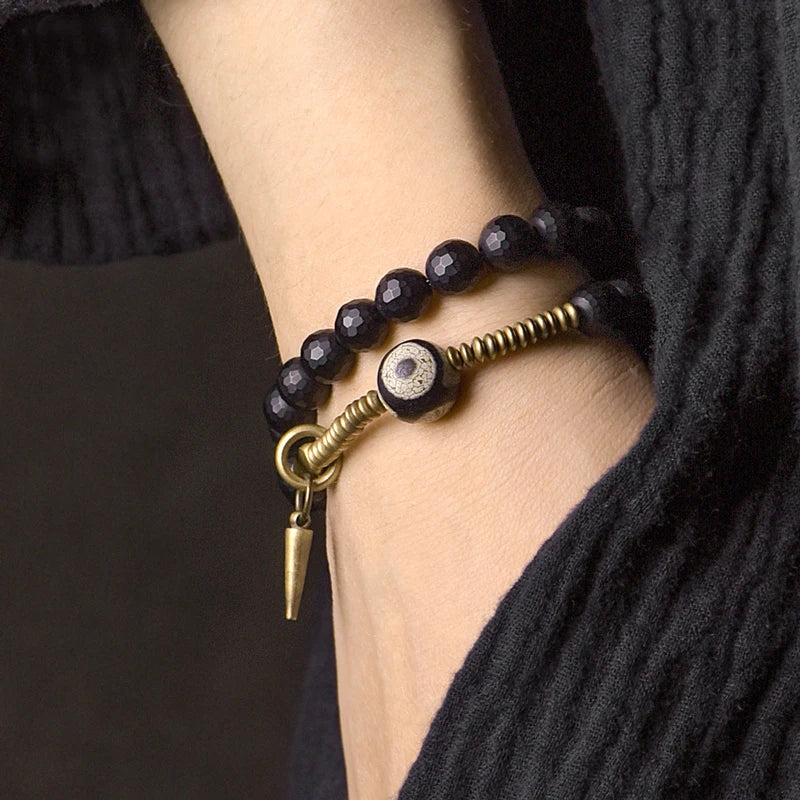 Three-Eyed Dzi Bead Double Wrap Elastic Bracelet 8mm Black