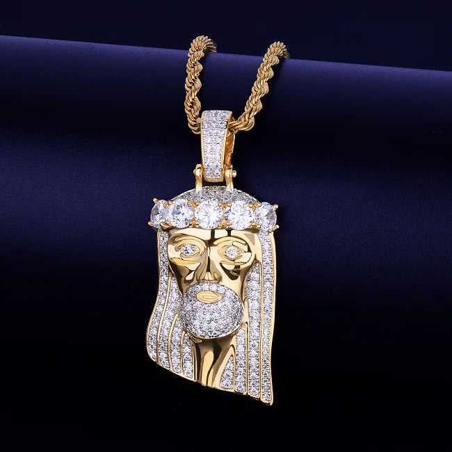 Bubble Letter Iced Religious Jesus Head Pendant Necklace Gold Color Bling Cubic Zircon Men's Hip Hop Jewelry For Gift