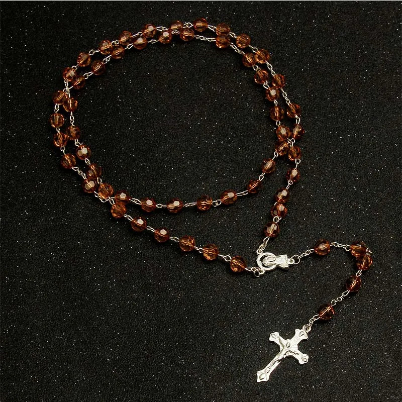 8mm fashion rosary ladies necklace high quality diy Jesus Christian cross necklace and pendant long chain jewelry