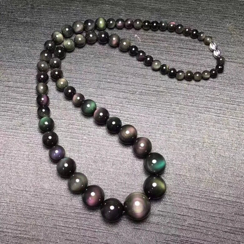 Fine Rainbow Eye Black Natural Obsidian Stone Necklace Round Bead Tower Chain Necklace for Women Men Fashion Jewelry JoursNeige
