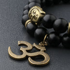 Buddha Head Beaded Bracelet — Black Stone Beads, Bronze-Tone