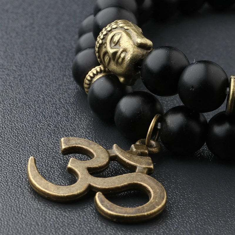 Buddha Head Beaded Bracelet — Black Stone Beads, Bronze-Tone