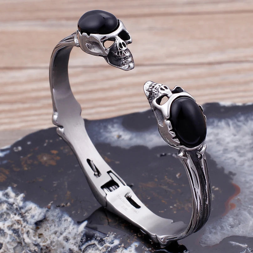 Gothic Skull Head Cuff Bangle Bracelet For Man Punk Rock On Hand Accessories Halloween Boys Bracelets Engraved Biker