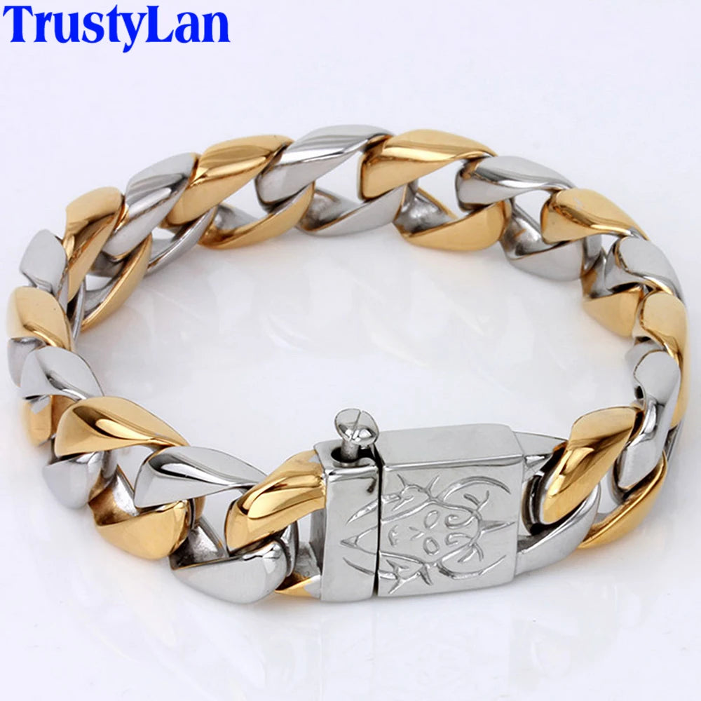 16MM Wide Gold Color Stainless Steel Curb Chain Man Bracelet Male Skull Head Bikers Jewelry Friendship Men's Bracelets