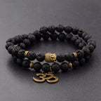 Buddha Head Beaded Bracelet — Black Stone Beads, Bronze-Tone