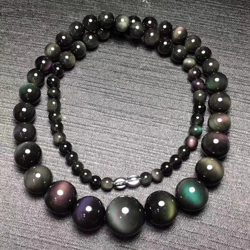 Fine Rainbow Eye Black Natural Obsidian Stone Necklace Round Bead Tower Chain Necklace for Women Men Fashion Jewelry JoursNeige