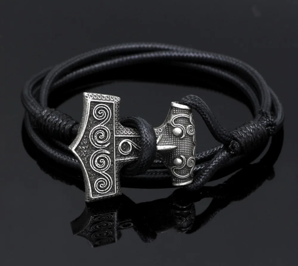 Leather Adjustable Viking Odin Raven Thors Mjolnir Hammer Viking Amulet Hammer Scandinavian Norse Bracelet for Men