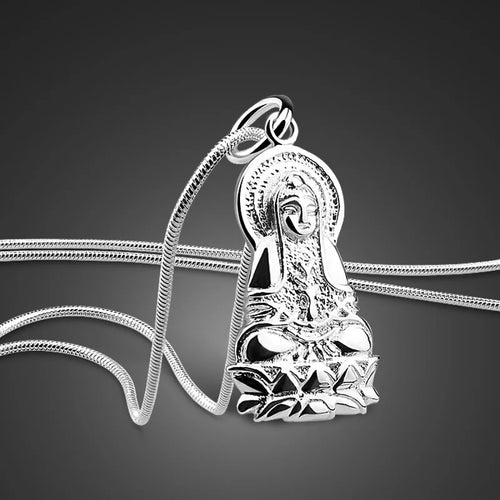 Chinese Buddha Pendant Necklace — Silver-Tone