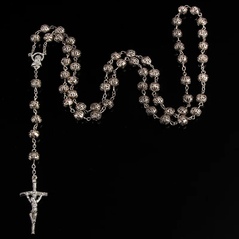 8mm yellow gold rosary necklace. Star Maria Christ's cross necklace. Jesus Christ Cross Pendant Chain Gift Jewelry