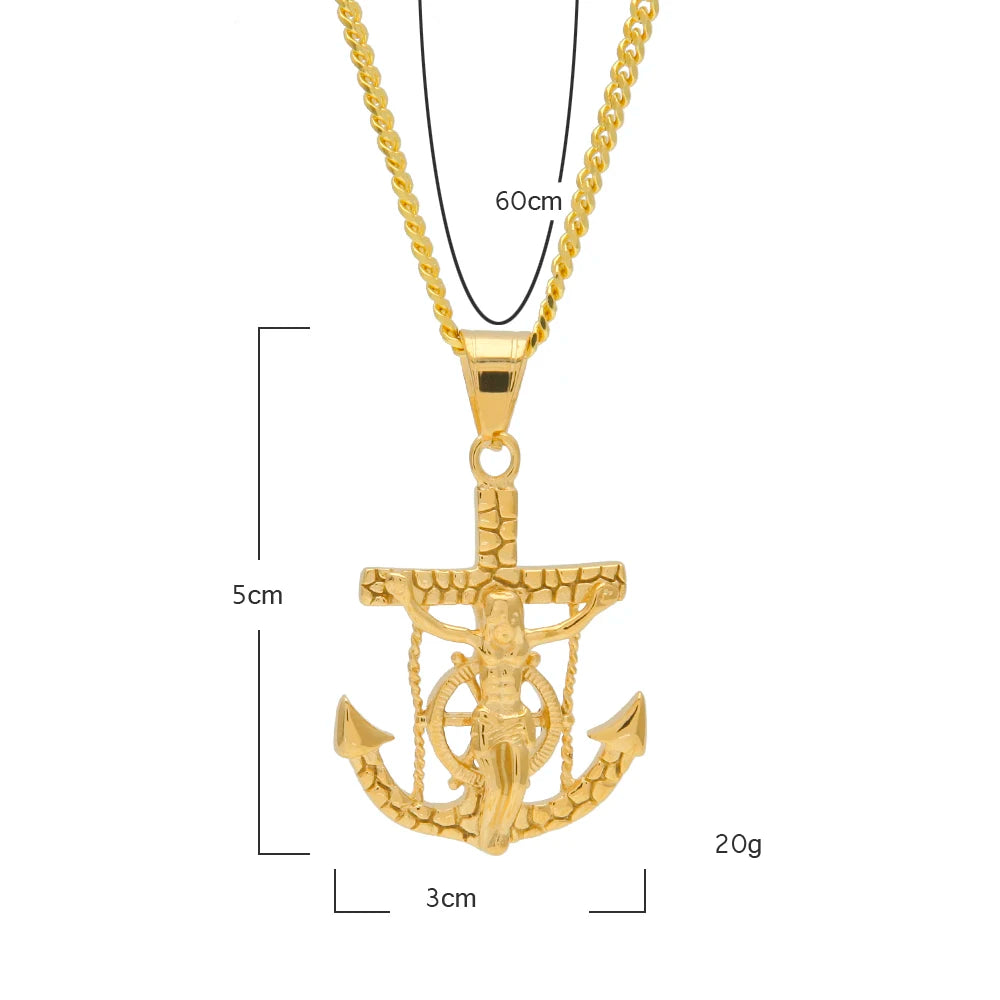 TBTK Punk Crucifix Jesus Cross Navy Rudder Anchor Pendant Necklace Classic Chain Men Stainless Steel Jewelry Wholesale