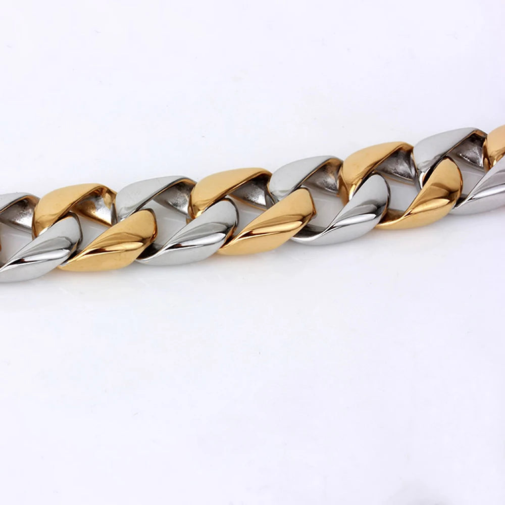 16MM Wide Gold Color Stainless Steel Curb Chain Man Bracelet Male Skull Head Bikers Jewelry Friendship Men's Bracelets