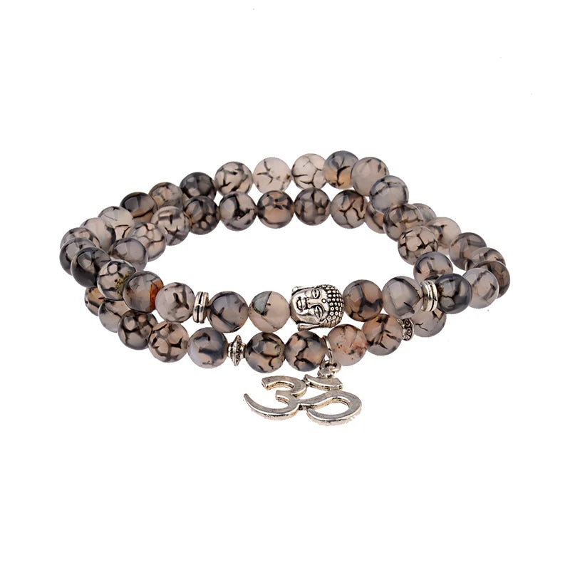 Buddha Head Beaded Bracelet — Black Stone Beads, Bronze-Tone