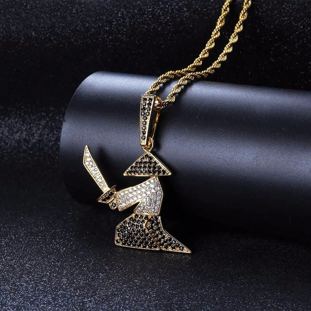 Micro Paved CZ Rhinestone Bling Ice Out Hats Samurai Oriental Warrior Pendants Necklaces for Men Hip Hop Rapper Jewelry