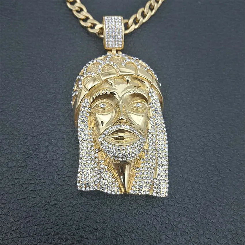 Hip Hop Iced Out Bling Jesus Head Pendant Male Gold Color Stainless Steel Christian Big Necklace for Men Religious