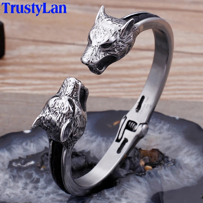 Wolf Skull Head Open Bangles for Men Stainless Steel Mens Bracelets Jewellery Friendship Leather Cuff Bracelets For Man