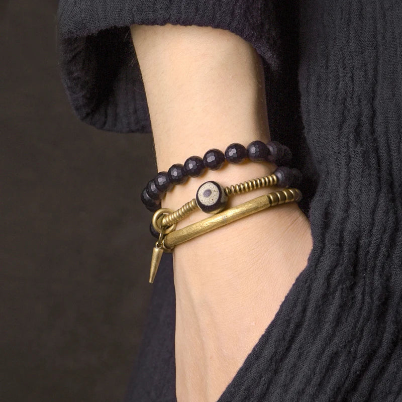Three-Eyed Dzi Bead Double Wrap Elastic Bracelet 8mm Black