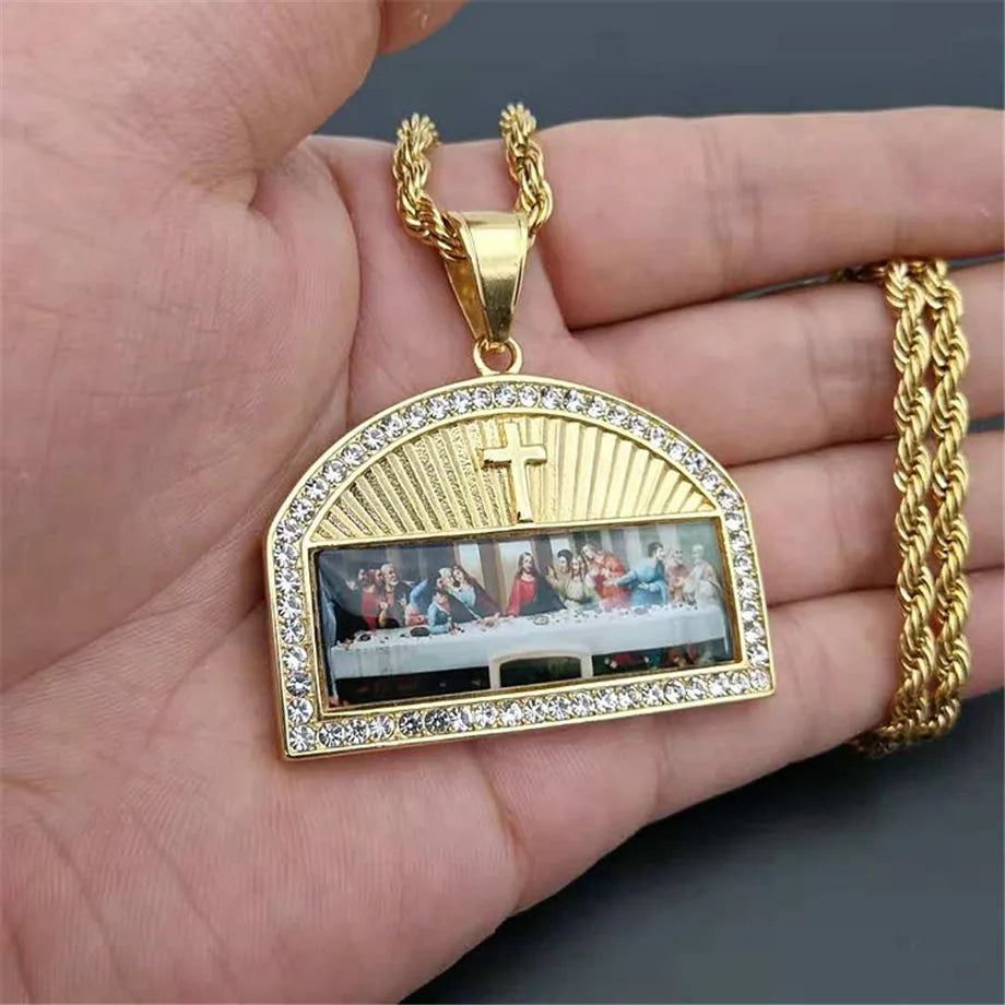 Religious The Last Supper Pendant Necklace For Men Stainless Steel Gold Color Iced Out Bling Cross Necklace Male Jewelry