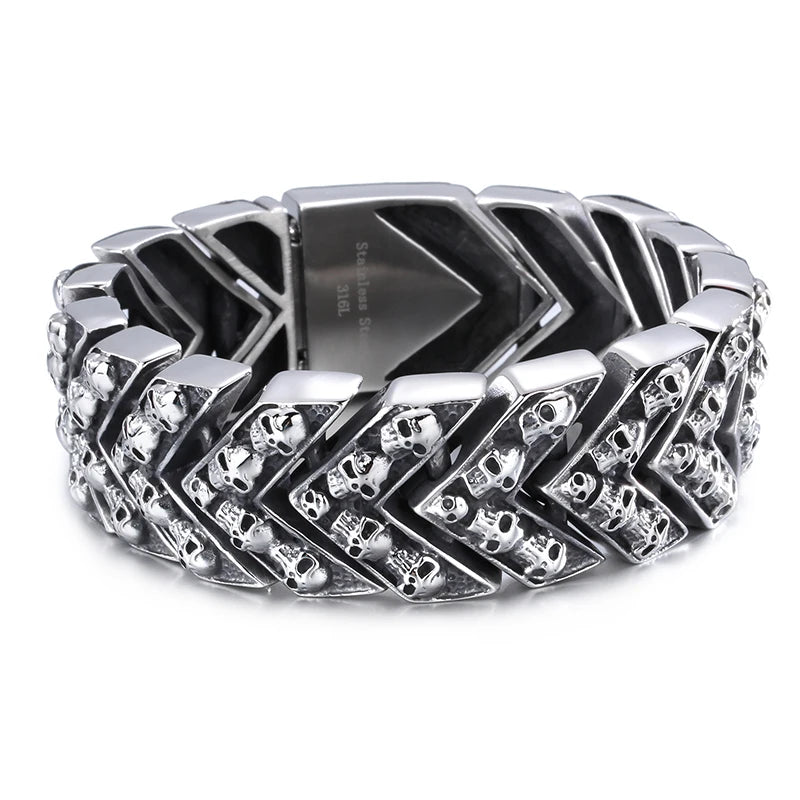 Gothic 25MM Width Skull Link Chain Men’s Bracelets for Man Punk Rock Skeleton Bracelet Male Stainless Steel Wrap