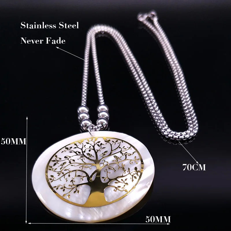 Tree of Life Gold Bead Necklace — Stainless Steel