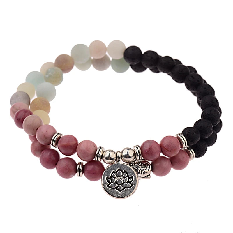 Buddha Head Beaded Bracelet — Black Stone Beads, Bronze-Tone