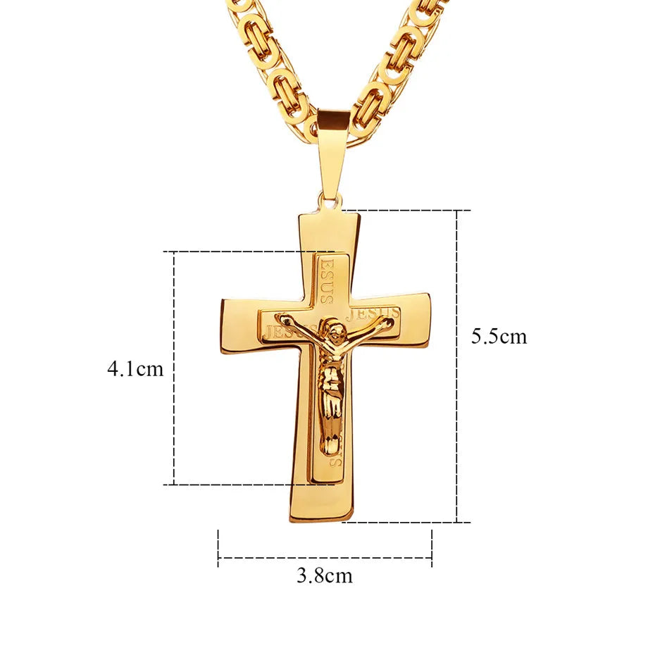 Men's Necklace Big Jesus Cross Pendant & Chain Men Gold Color Stainless Steel Christian Crucifix Necklace Male Religious Jewelry