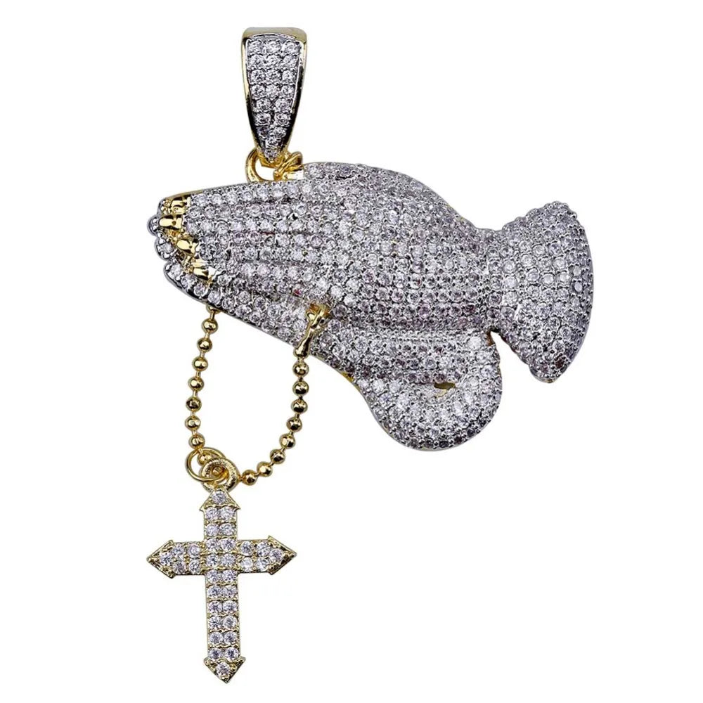 Iced Out Praying Hands Cross Pendant — Gold