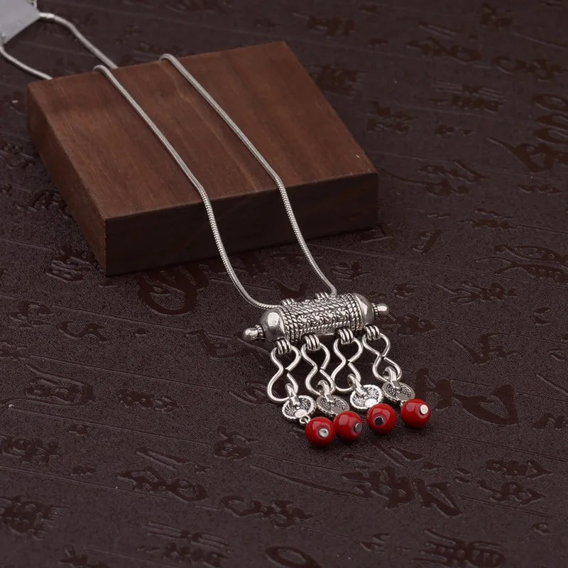 Womens Gypsy Jewelry Bohemian Ethnic Red Natural Stone Pendants Necklaces Metal Tibetan Sliver Color Chain Necklace For