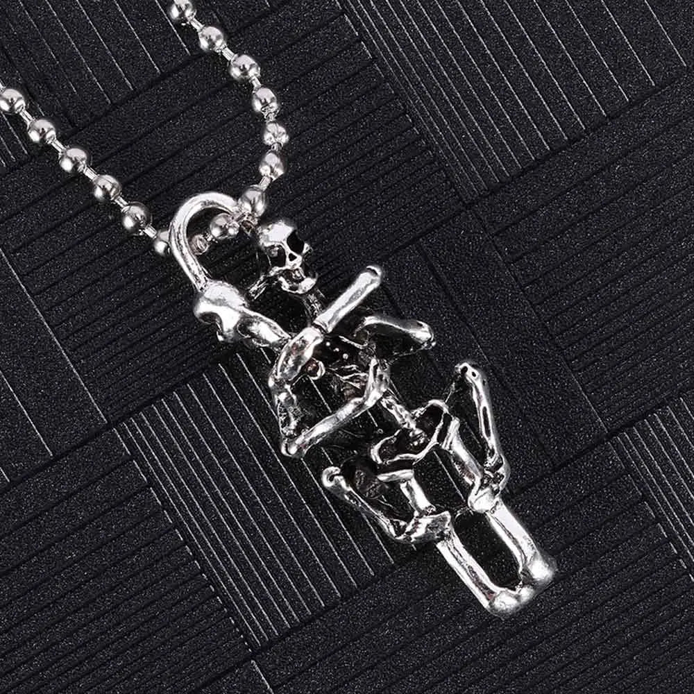 Double Skull Cross Pendant Necklace Black — Stainless Steel