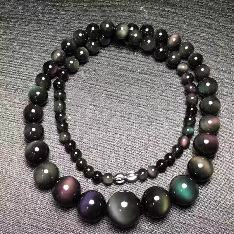 Fine Rainbow Eye Black Natural Obsidian Stone Necklace Round Bead Tower Chain Necklace for Women Men Fashion Jewelry JoursNeige