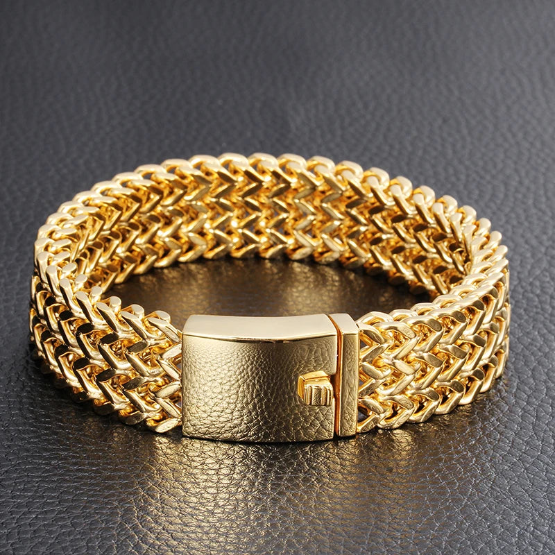 Gold Color Stainless Steel Bracelet Men 18MM Double Row Franco Curb Chain Men's Bracelets & Bangles Mannen Armband