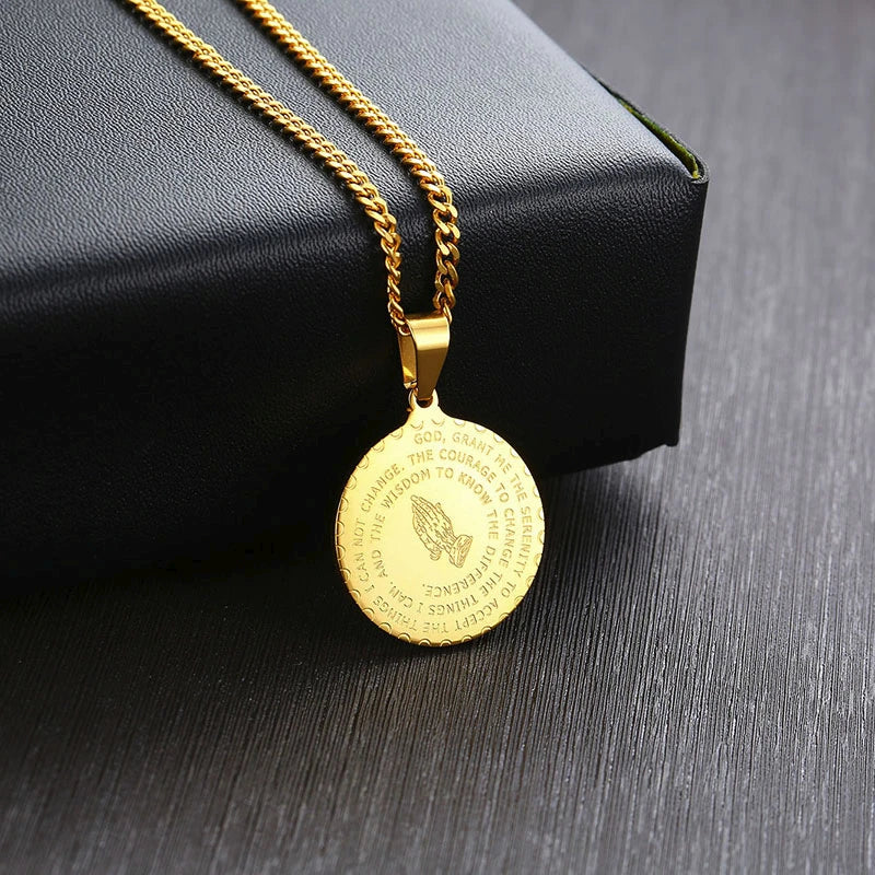 Men Stainless Steel Disc Pendant Praying Hands Bible Verse Prayer Medal Necklace Jewelry