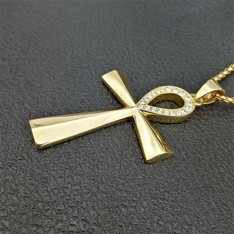 Egypt Iced Out Bling Ankh Cross Pendant Necklace For Women And Men Key of Life Stainless Steel Egyptian Jewelry