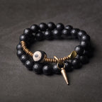 Three-Eyed Dzi Bead Double Wrap Elastic Bracelet 8mm Black