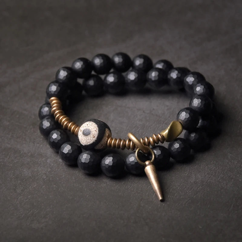 Three-Eyed Dzi Bead Double Wrap Elastic Bracelet 8mm Black