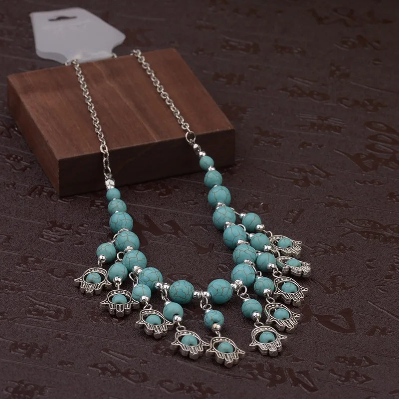 Womens Gypsy Jewelry Bohemian Ethnic Red Natural Stone Pendants Necklaces Metal Tibetan Sliver Color Chain Necklace For