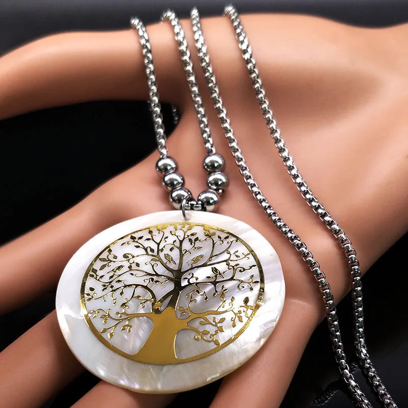 Tree of Life Gold Bead Necklace — Stainless Steel