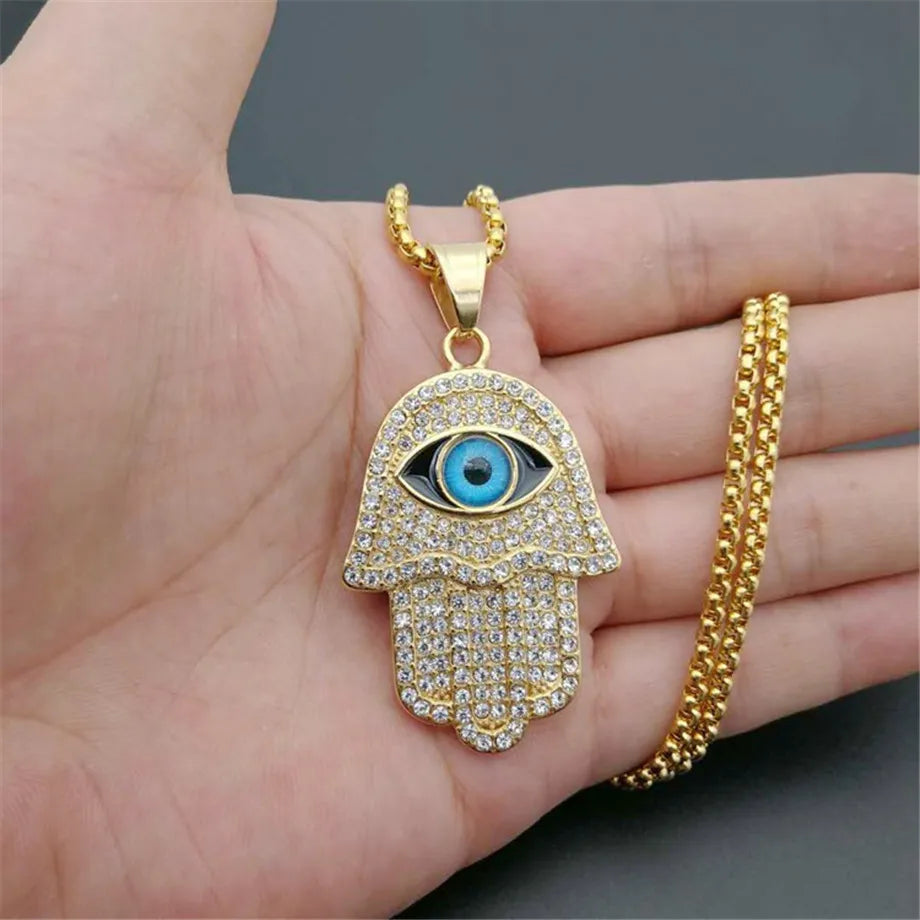 Turkish Evil Eye Hamsa Hand of Fatima Pendant Necklace Gold Color Stainless Steel Iced Out Chain Hip Hop Women/Men