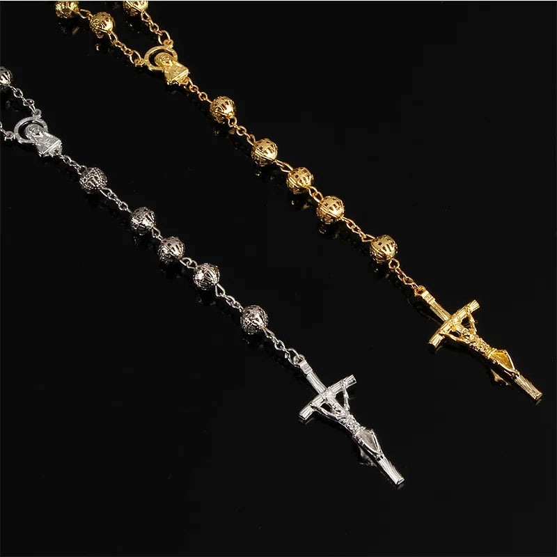 8mm yellow gold rosary necklace. Star Maria Christ's cross necklace. Jesus Christ Cross Pendant Chain Gift Jewelry