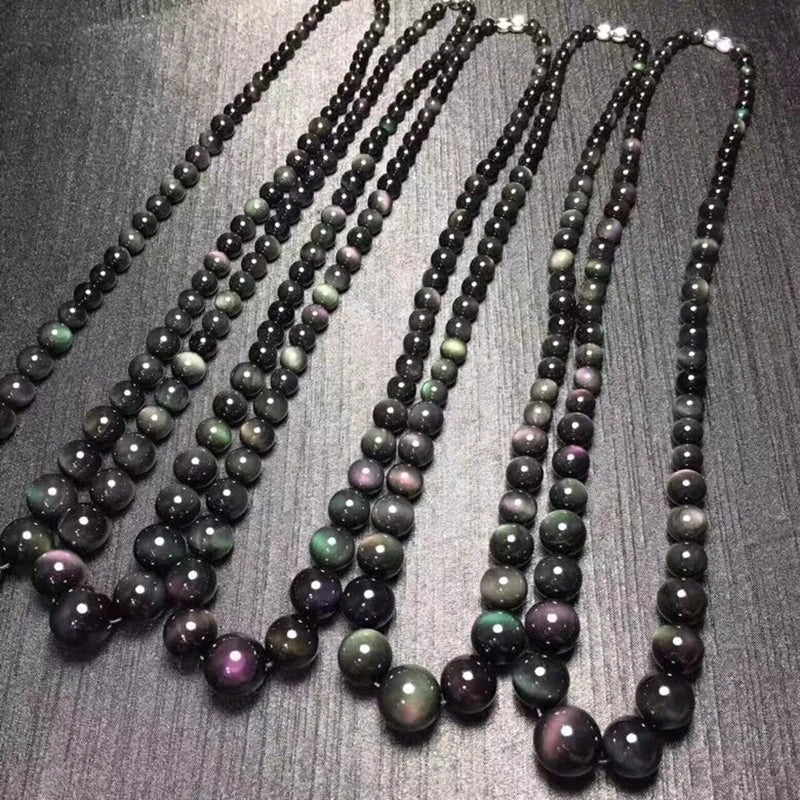 Fine Rainbow Eye Black Natural Obsidian Stone Necklace Round Bead Tower Chain Necklace for Women Men Fashion Jewelry JoursNeige