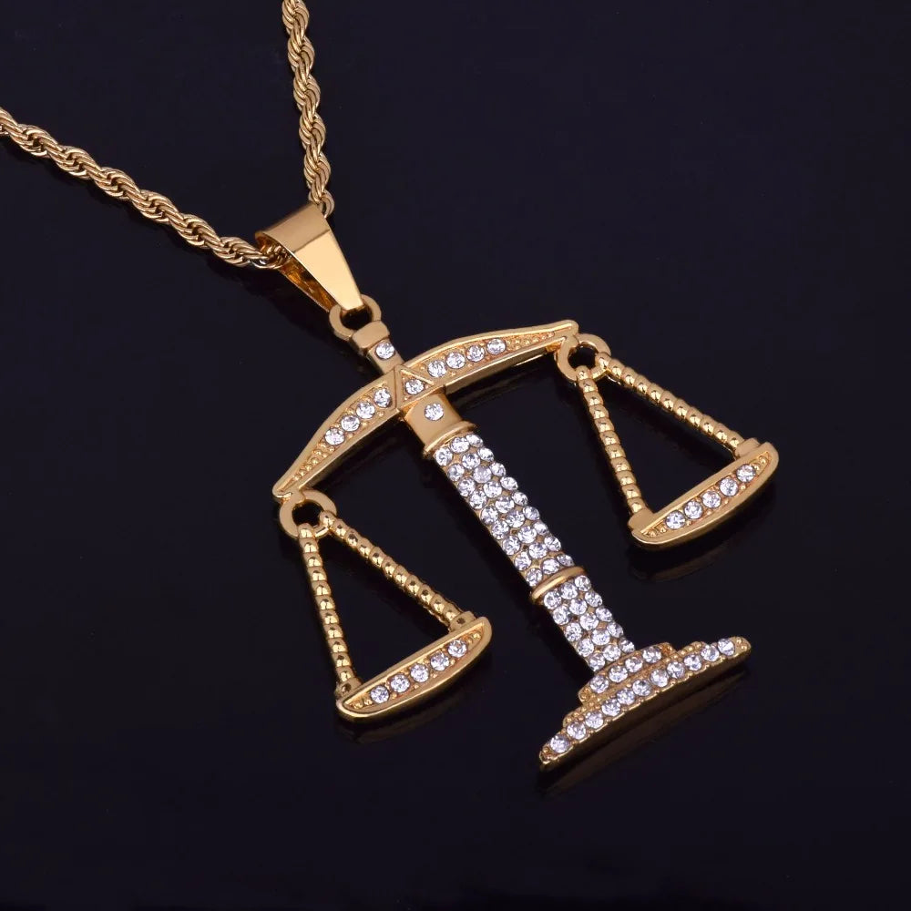 Balance Libra Scale Pendant Bling Rhinestone Crystal Men Hip Hop Necklace Punk Jewelry Street Rock